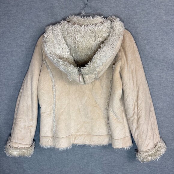 Wilson's Leather L Faux Suede Hooded Short Jacket Faux Fur Lining Tan Zip Up - Picture 8 of 16